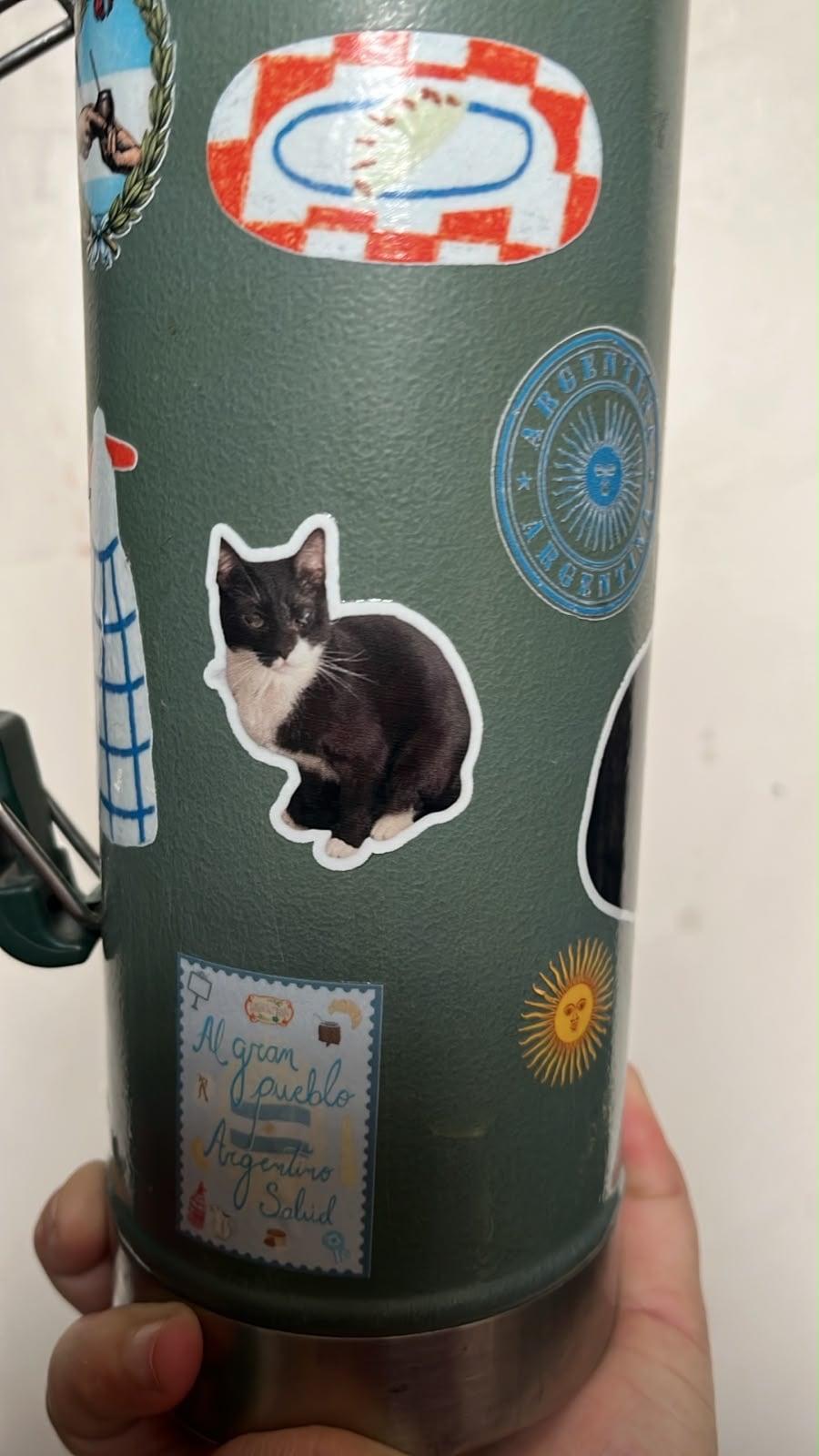 Stickers personalizados de mascotas y recuerdos aplicados sobre un termo